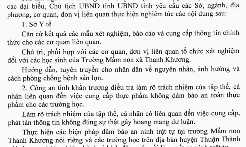 Thông báo Kết luận của Chủ tịch UBND tỉnh Nguyễn Tử Quỳnh tại cuộc họp về việc cung cấp thực phẩm tại trường Mầm non xã Thanh Khương, huyện Thuận Thành
