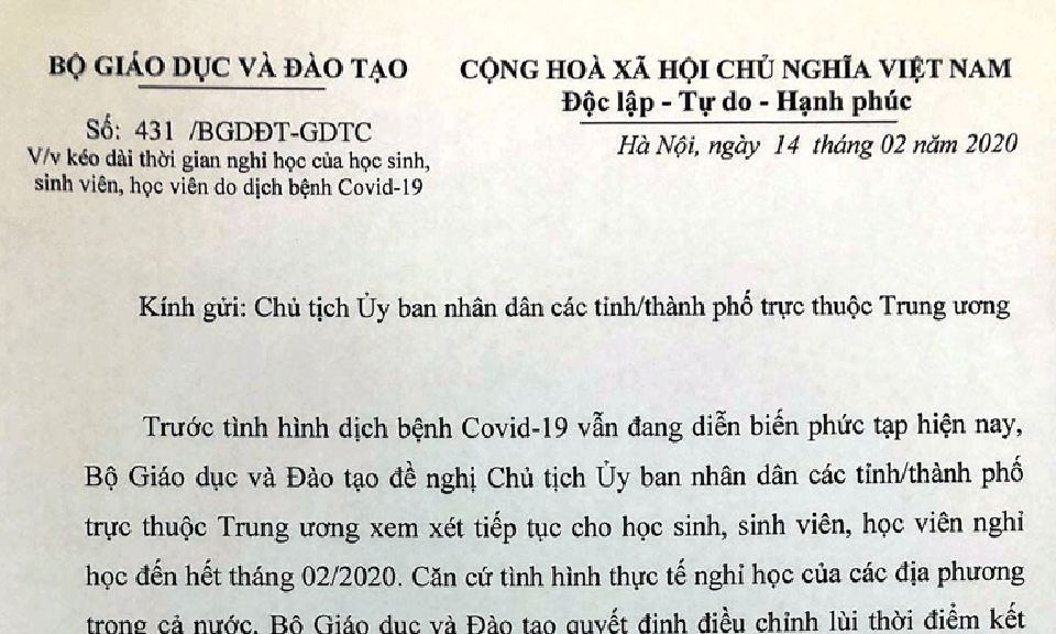 Bộ Giáo dục và Đào tạo đề nghị kéo dài thời gian nghỉ học của học sinh, sinh viên đến hết tháng 2