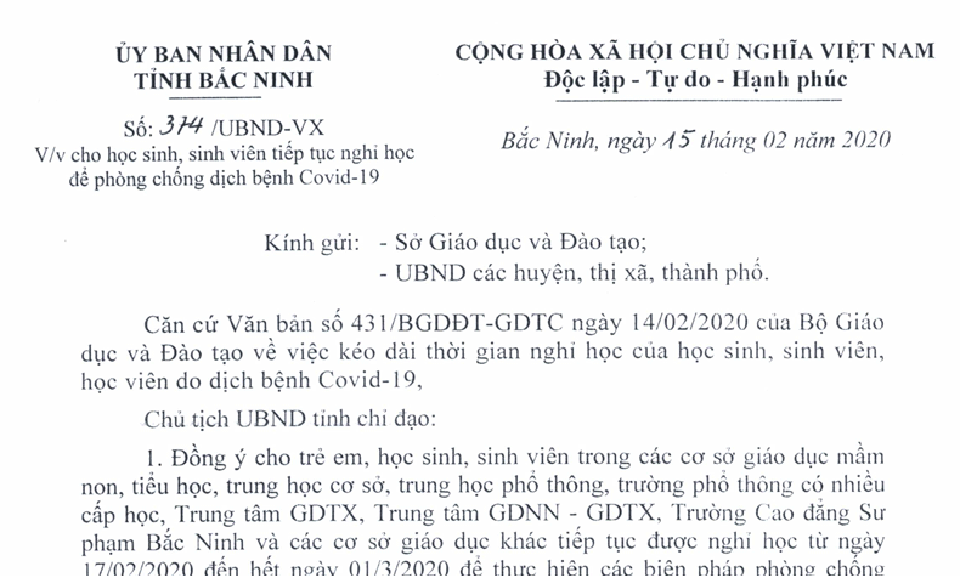 Học sinh, sinh viên toàn tỉnh tiếp tục nghỉ học đến hết ngày 1-3 để phòng, chống dịch Covid-19