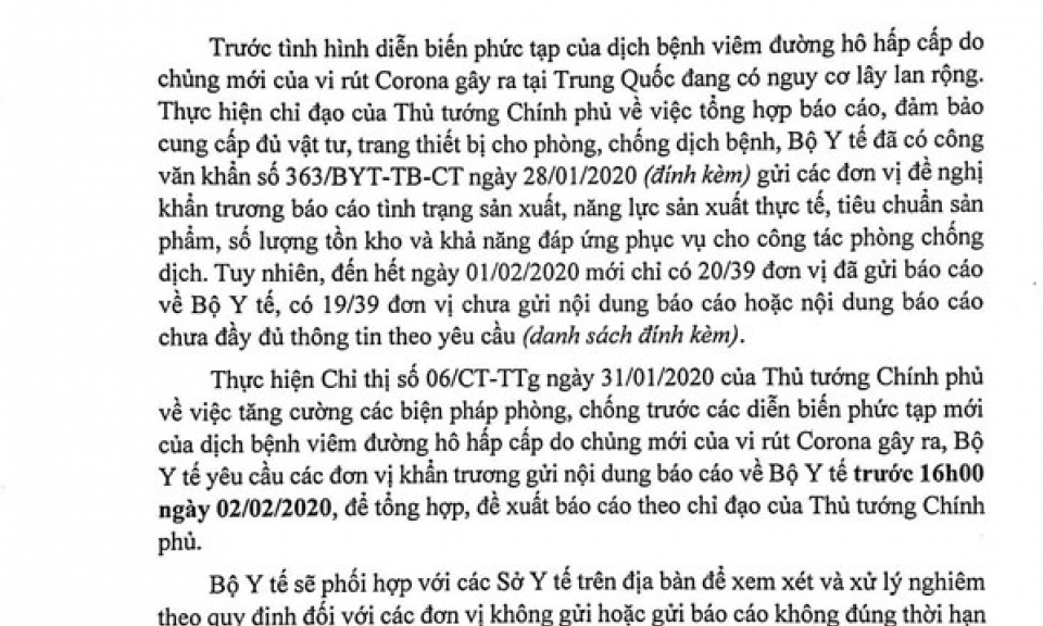 Bộ Y tế sẽ xử lý nghiêm đơn vị không báo cáo khả năng đáp ứng trang thiết bị phòng chống dịch nCoV