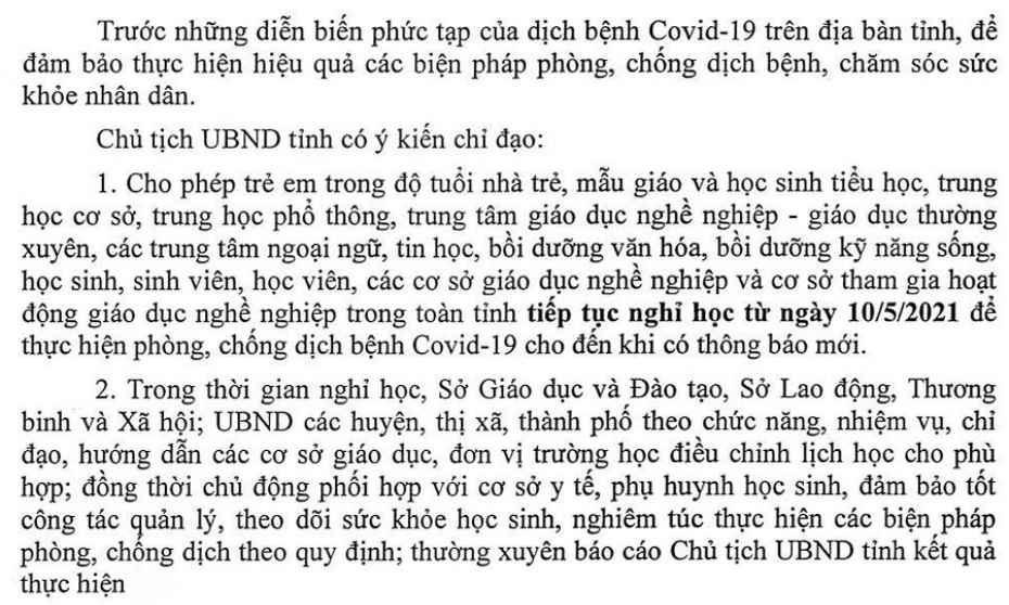 Trẻ mầm non, học sinh, sinh viên, học viên tiếp tục nghỉ học phòng, chống dịch COVID-19