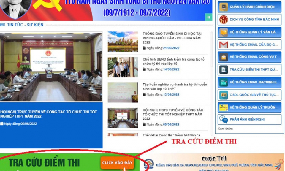 Tra cứu điểm thi tuyển sinh vào lớp 10 trên Cổng Thông tin điện tử Sở GD-ĐT Bắc Ninh