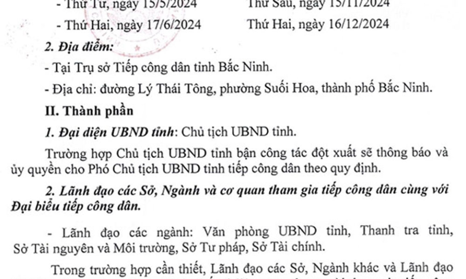 Lịch tiếp công dân định kỳ hằng tháng của Chủ tịch UBND tỉnh Bắc Ninh năm 2024