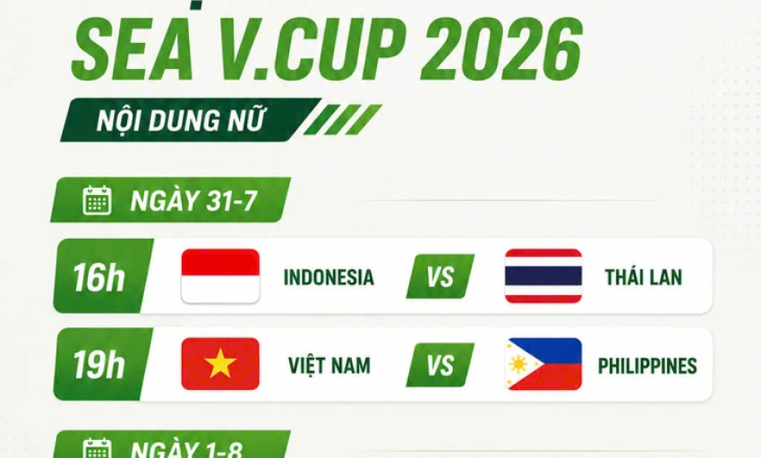 Lịch thi đấu chặng 1 Giải b&oacute;ng chuyền nữ SEA V.Cup 2026