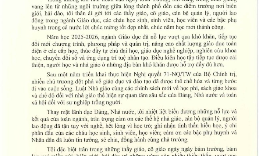 Thư của Tổng B&iacute; thư, Chủ tịch nước T&ocirc; L&acirc;m gửi ng&agrave;nh gi&aacute;o dục nh&acirc;n dịp Khai giảng năm học mới 2026-2027