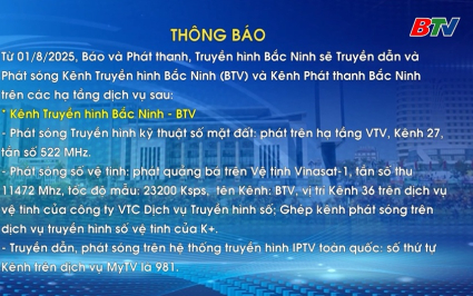 Th&ocirc;ng b&aacute;o K&ecirc;nh ph&aacute;t s&oacute;ng Ph&aacute;t thanh, Truyền h&igrave;nh Bắc Ninh từ ng&agrave;y 01/08/2025